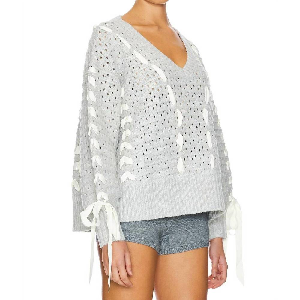 NWT For Love And Lemons Liberty V Neck Sweater in Grey - Picture 2 of 3